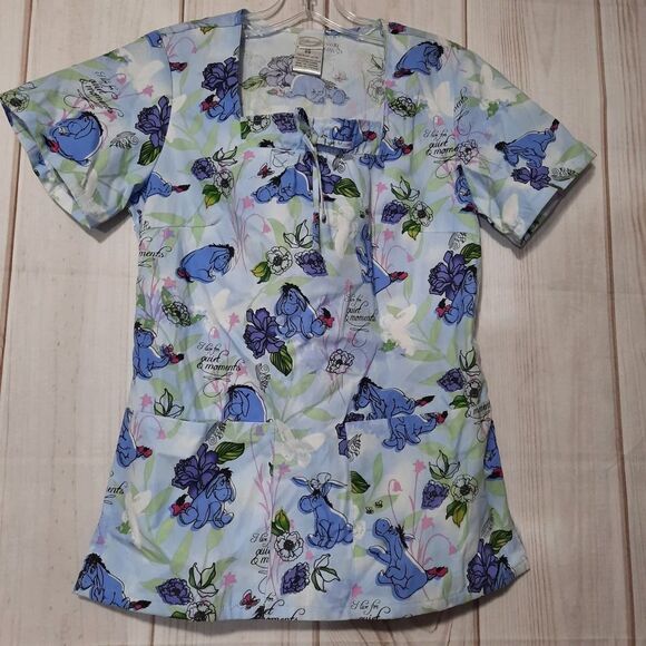 Disney Scrub Top Ladies Extra Small  Eeyore Blue Square‎ Neck - Picture 1 of 8